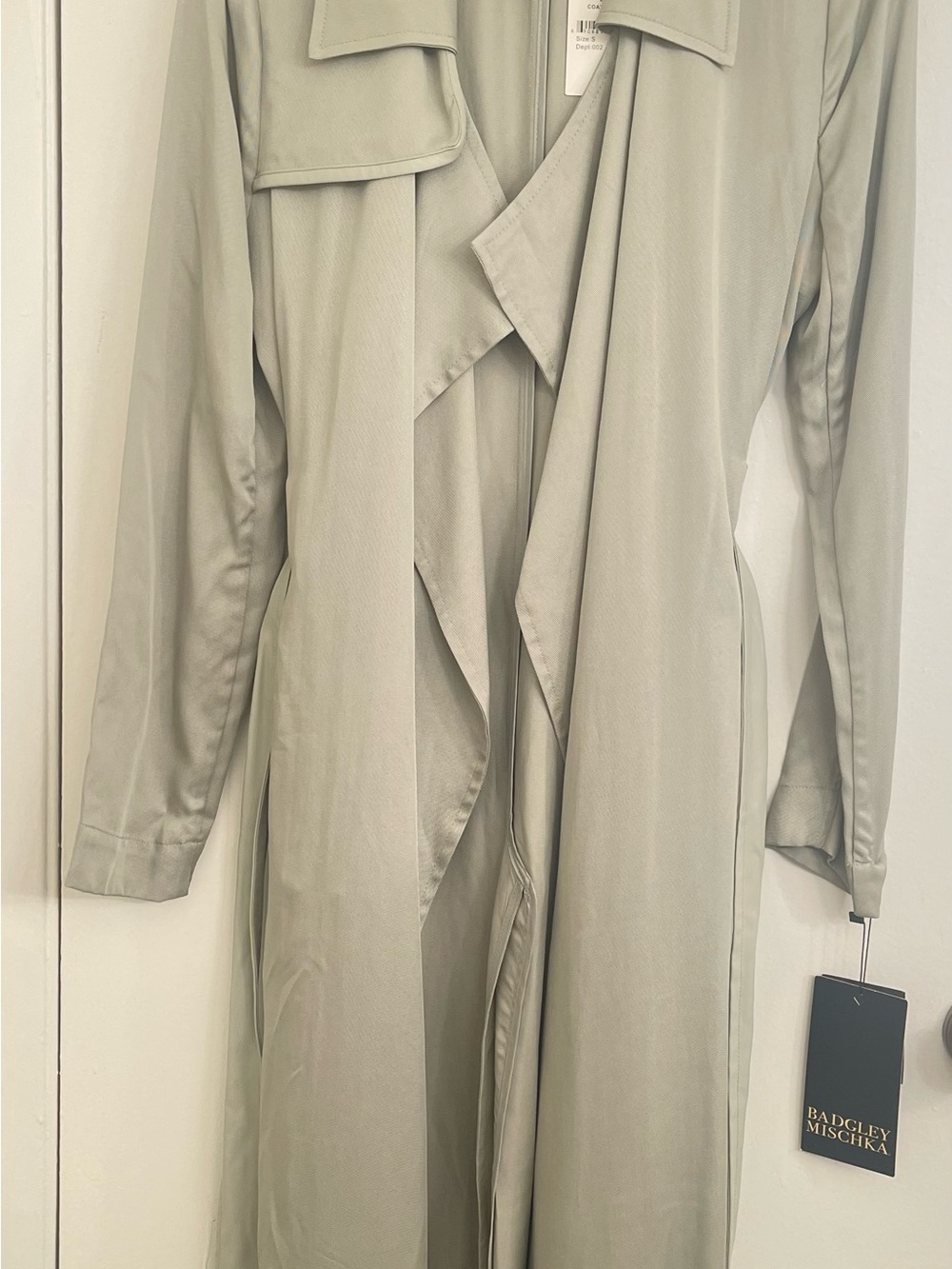 Badgley Mischka Soft Sage Green Draped Trench Coat